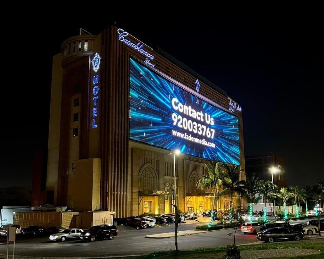 High-brightness, energy-efficient Kingaurora mesh LED screen wrapped on Casablanca Grand Hotel exterio